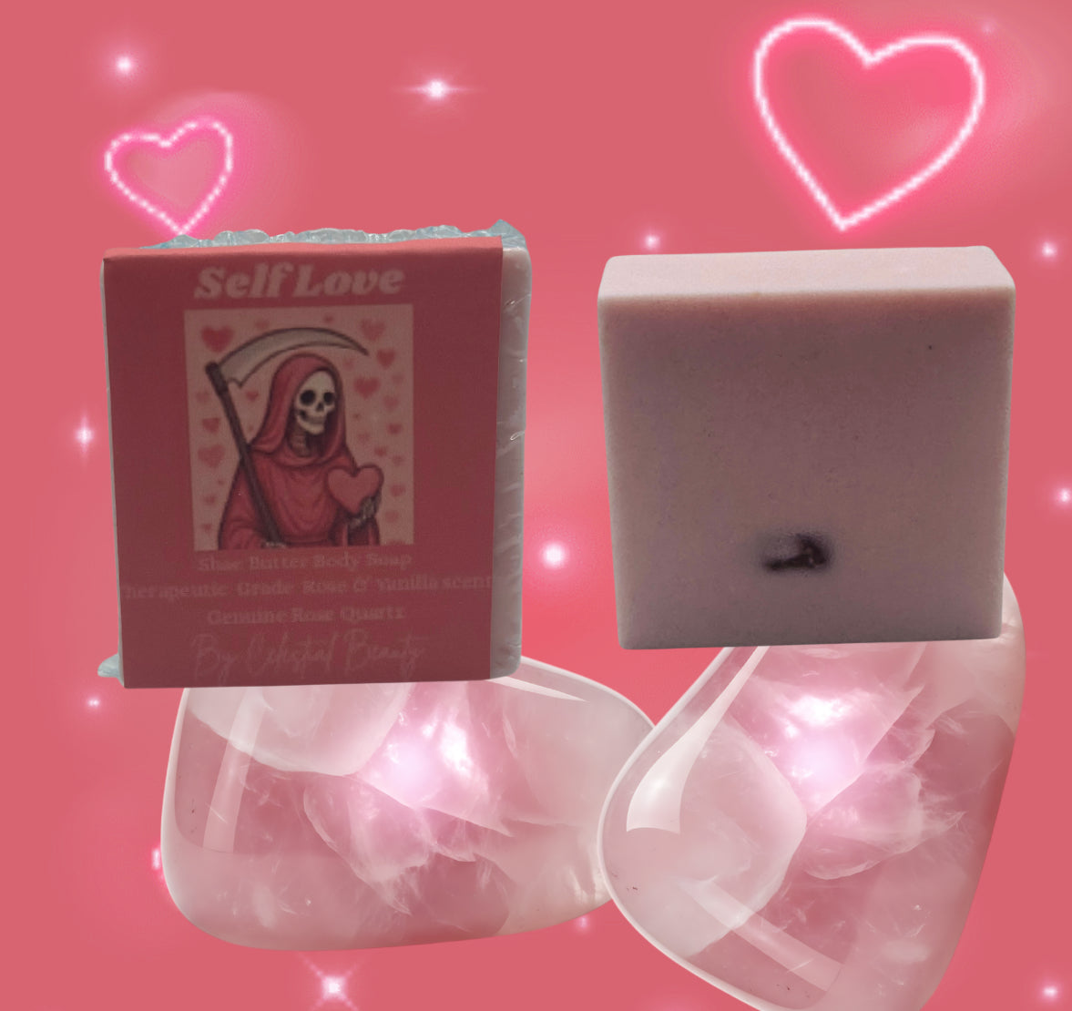Santa Muerte healing soap with genuine rose quartz